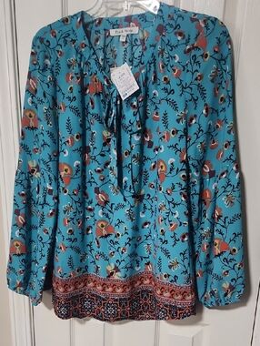 Black Rivet Turquoise Floral Tie-Neck Blouse with Border Hem